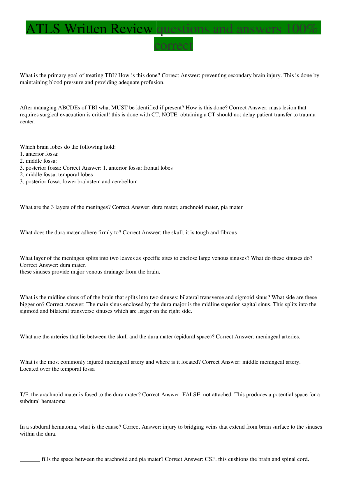 Preview image of ATLS practice questions and answers| Graded A+ document